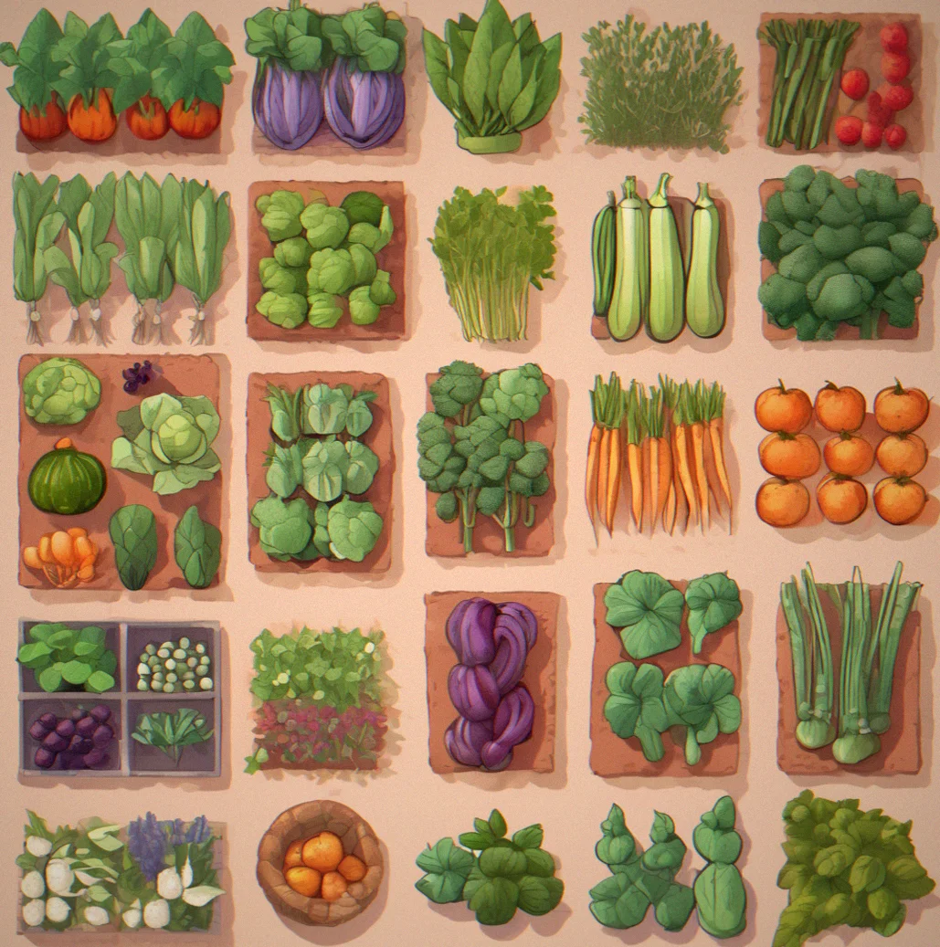 A grid display of crop varieties showing different colors and patterns of the same vegetable type
