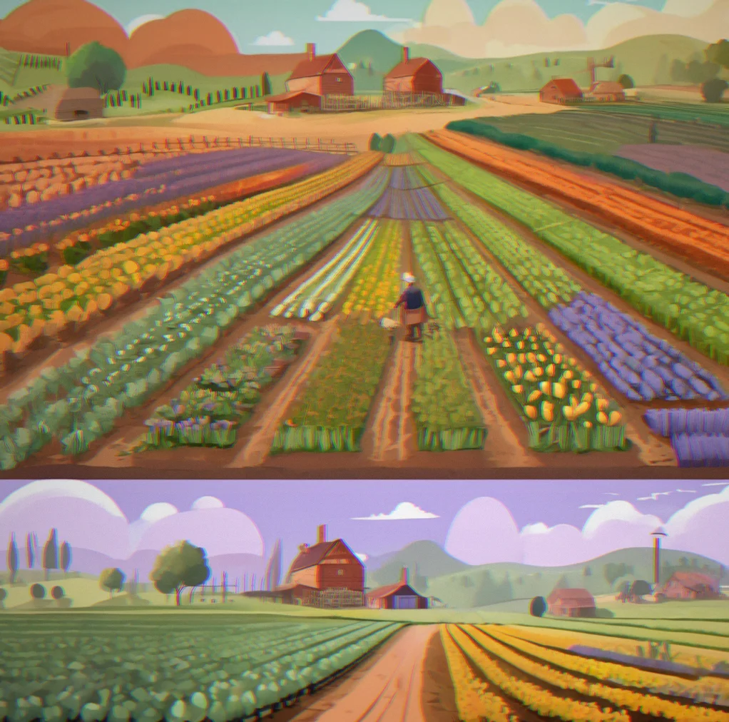 Two farm layouts side by side showing different arrangement styles and decoration placements