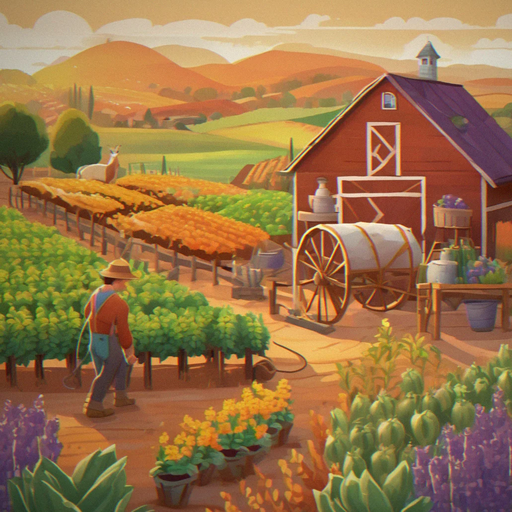 Farm at golden hour with decorations, mature crops, and a player character watering plants