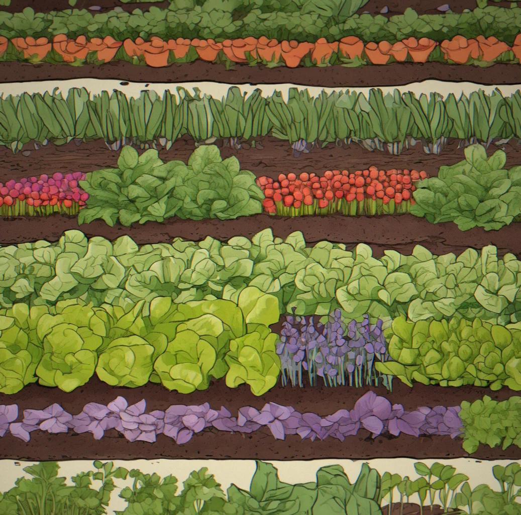 Spring garden just planted with lettuce and pea seedlings poking through dark soil