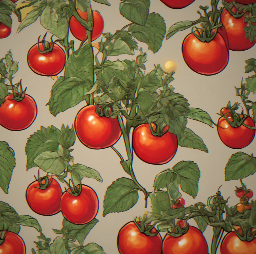 Tomato plant loaded with ripe red fruits and one golden one catching the light