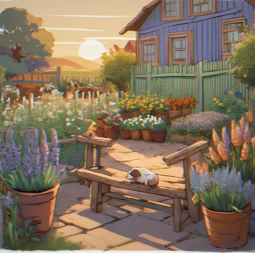 Farm corner with a wooden bench, potted flowers, and a blue-painted fence