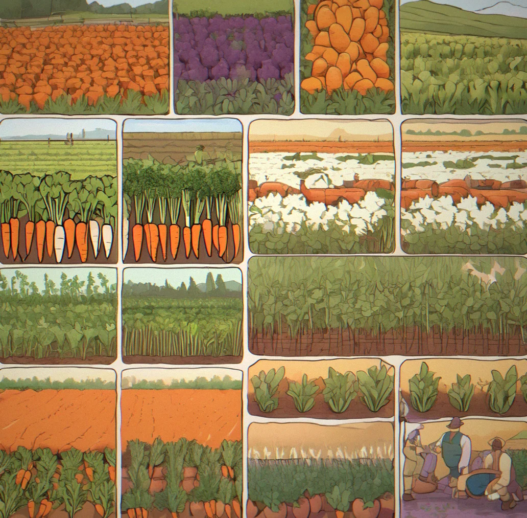 Carrot variants lined up: orange, pale yellow, deep burgundy, and striped