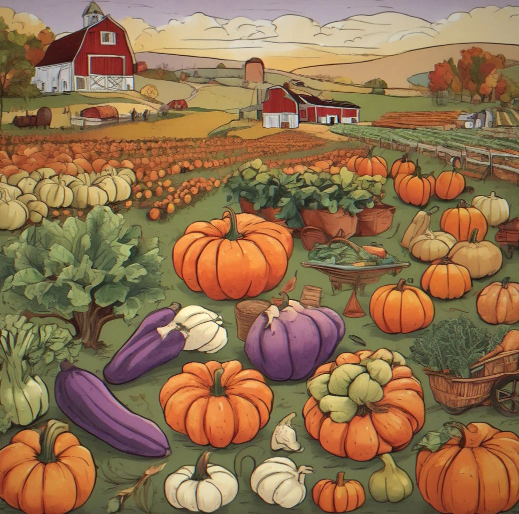 Autumn harvest spread across the farm with pumpkins, squash, and root vegetables ready to go