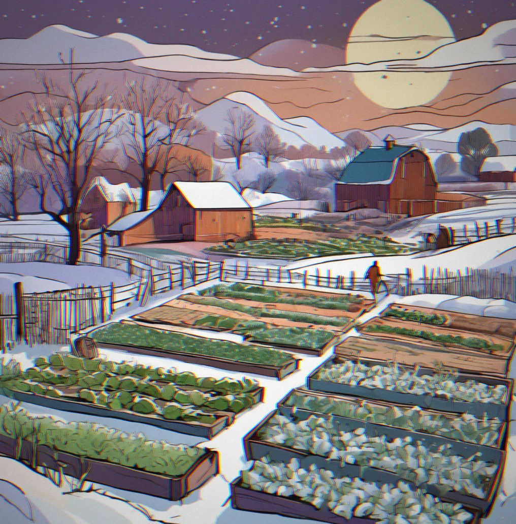 Winter farm with snow over raised beds and dormant crops under a clear night sky