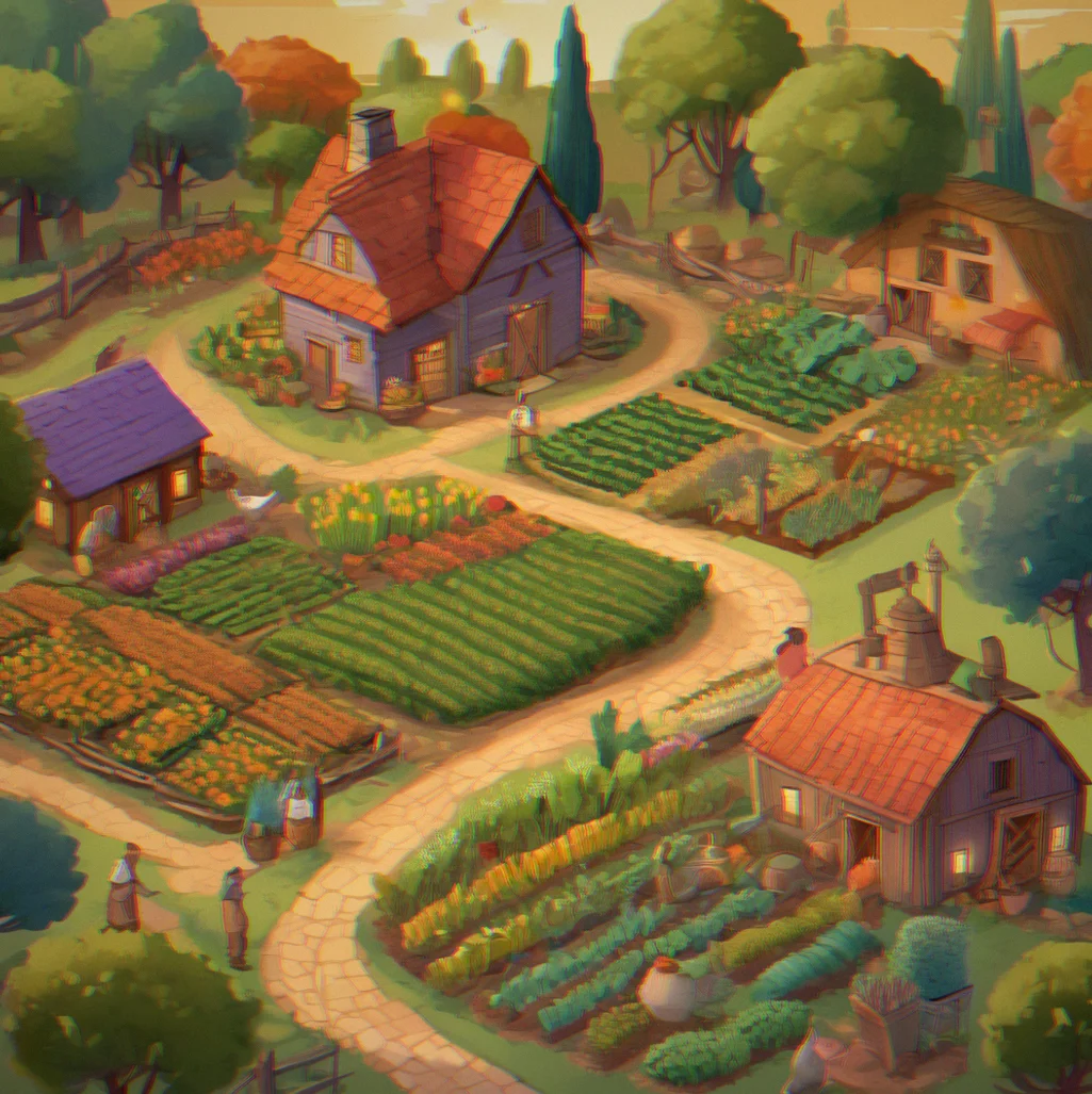 Farm layout with pathways winding between crops, lanterns and trees placed throughout