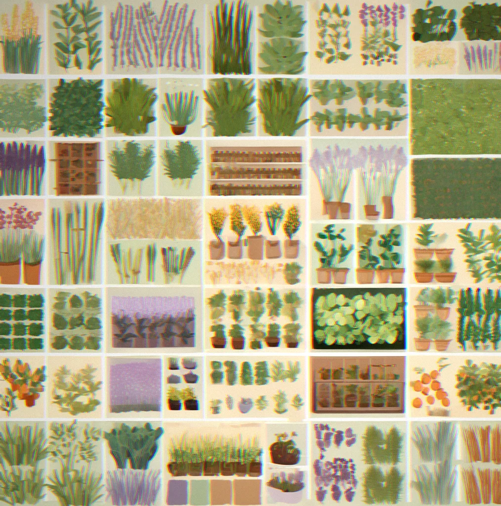 Collection display showing different crop types in a grid with multiple color variants each