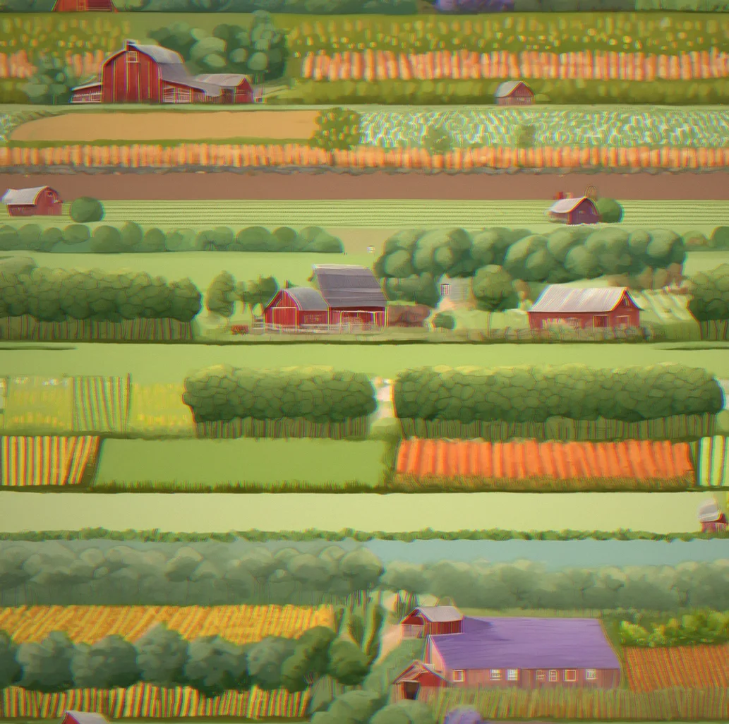 A neat farm with summer crops arranged in tidy rows, fenced in with a soft green painted border
