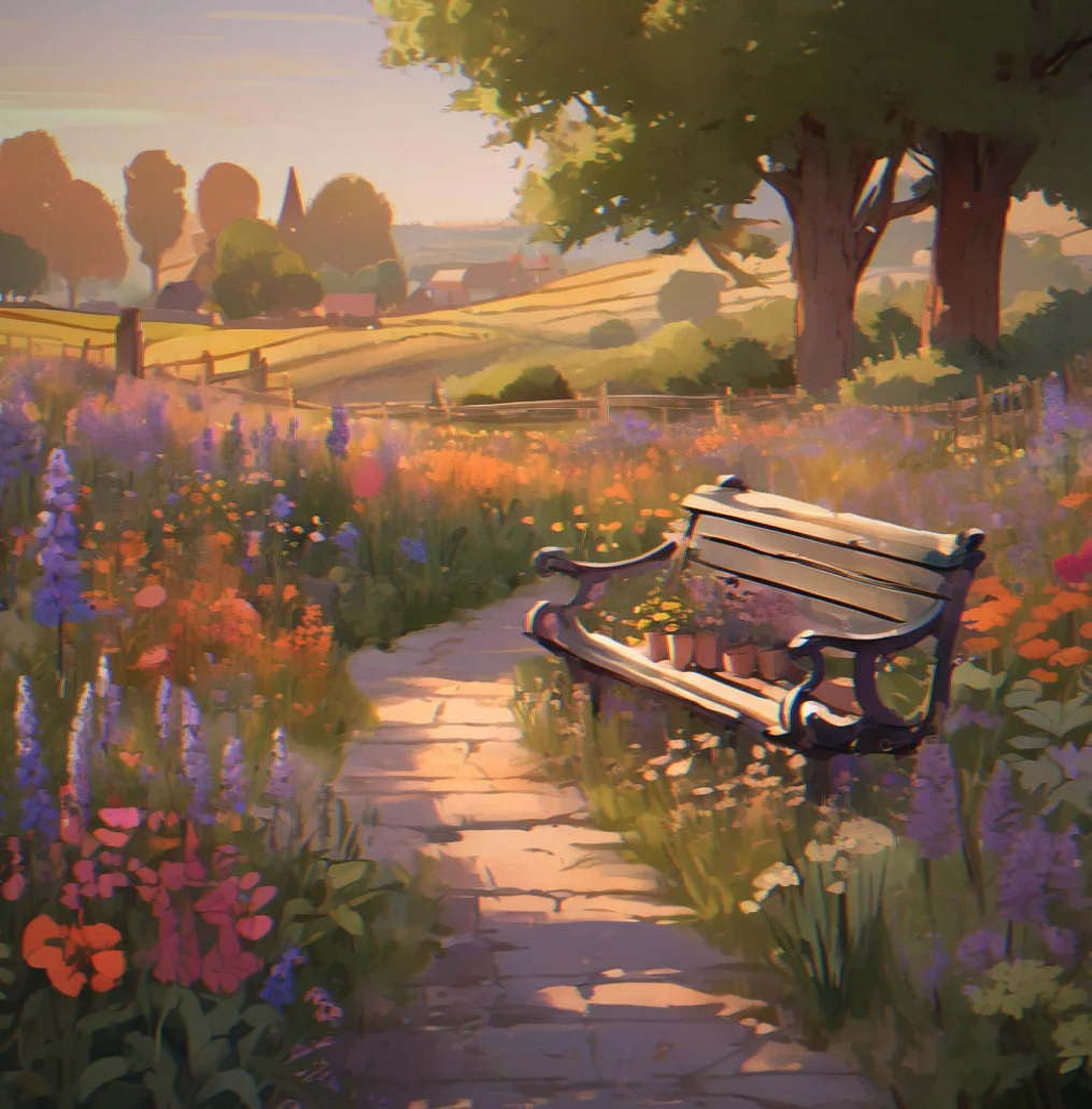 Wildflowers mixed in with benches and lanterns scattered around, nothing matching but somehow it works