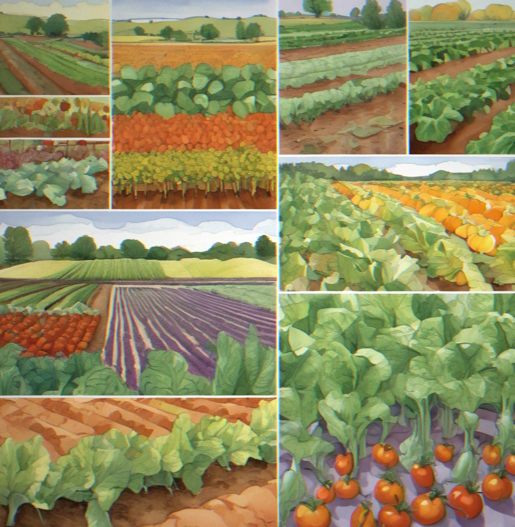 One farm split into four sections — spring lettuce on the left, summer tomatoes taking up the middle, autumn squash filling the right side