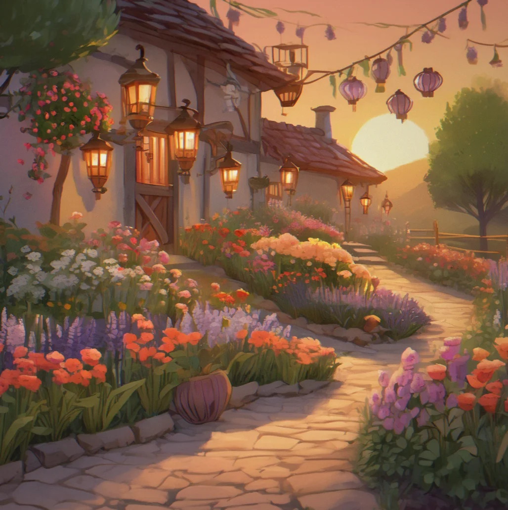 A path lined with potted flowers and lanterns glowing warm, leading back into the farm