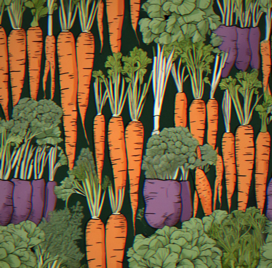 Different carrot varieties lined up in a single raised bed, sorted by color from light to dark