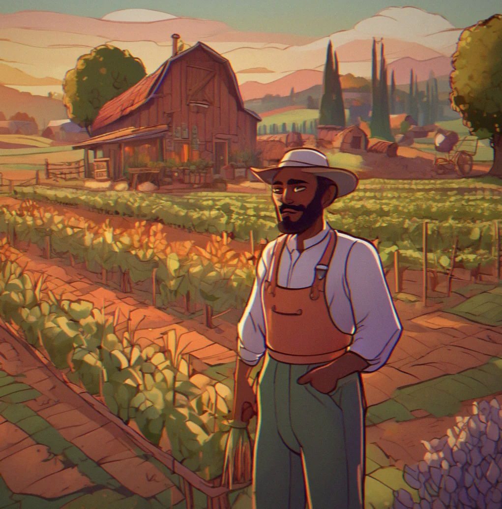 A player standing in the middle of their farm at sunset, surrounded by full crops and custom decorations they built