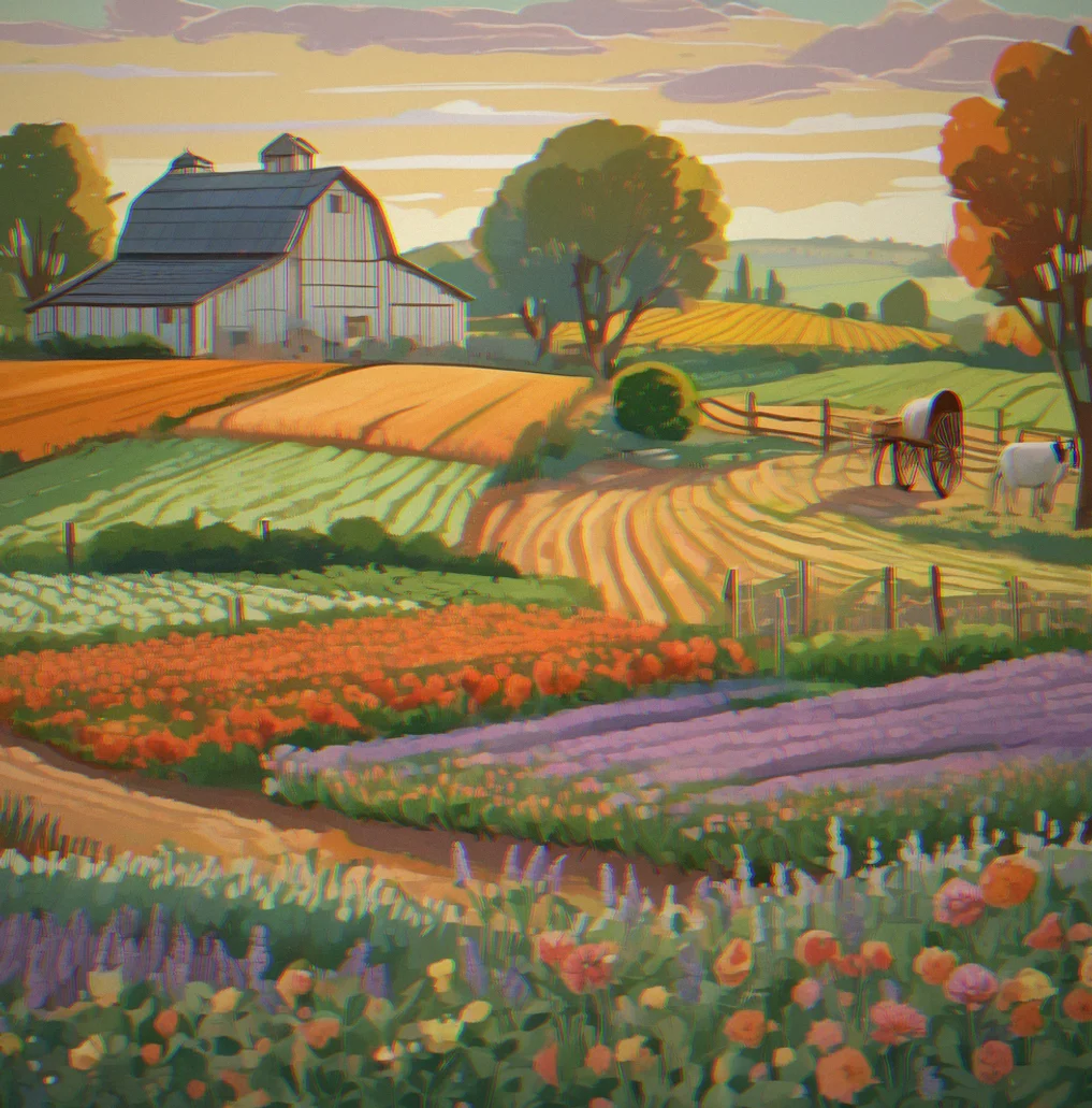 A calm farm scene with crops in straight lines, bright flowers scattered around, and little decorative touches everywhere, all bathed in early morning light