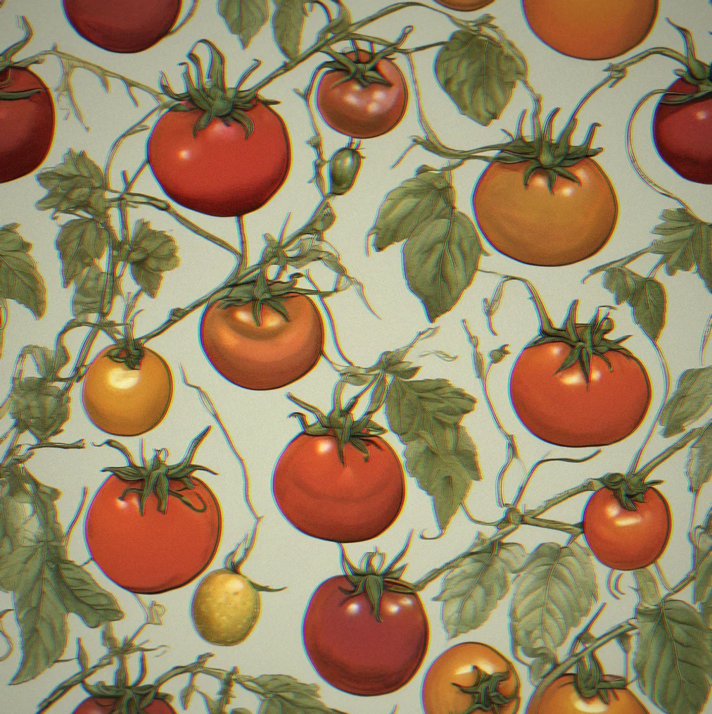 Three tomato variants displayed in a progression: red, deep burgundy, and glowing golden, with small arrows showing the breeding path between them