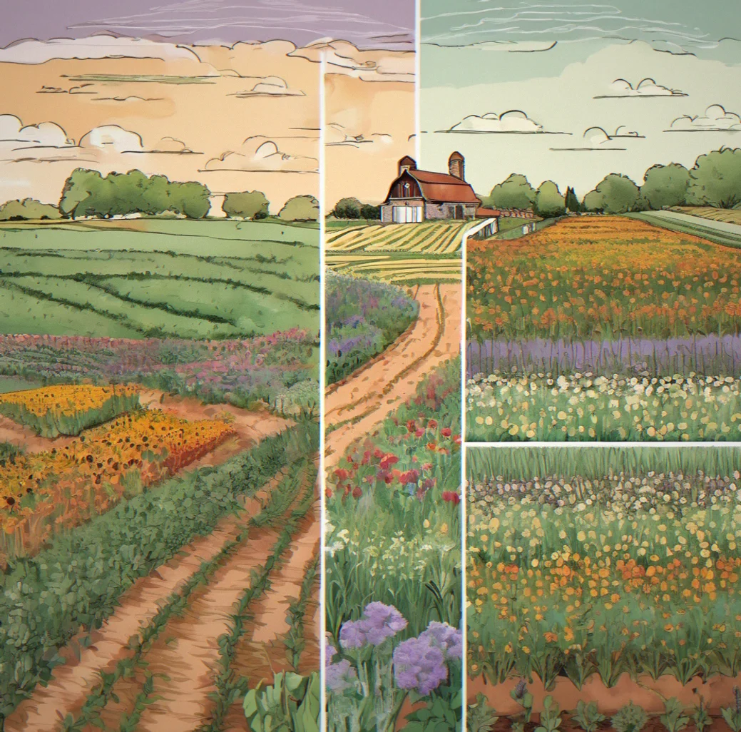 Two contrasting farm layouts side by side: one with neat rows and orderly paths, the other with wildflower patches and winding decorative arrangements