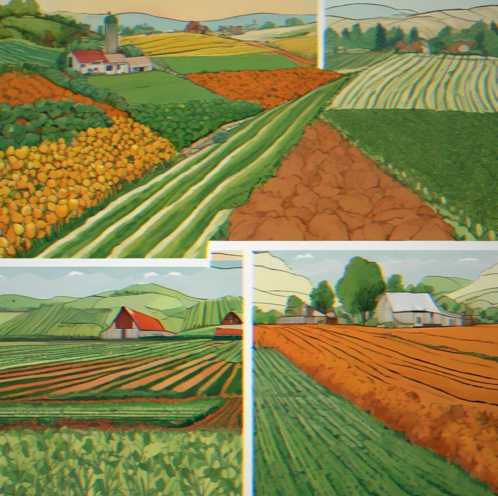 A split-screen showing the same farm in four seasons: bright green spring crops, golden summer harvest, orange autumn vegetables, and snow-covered winter beds