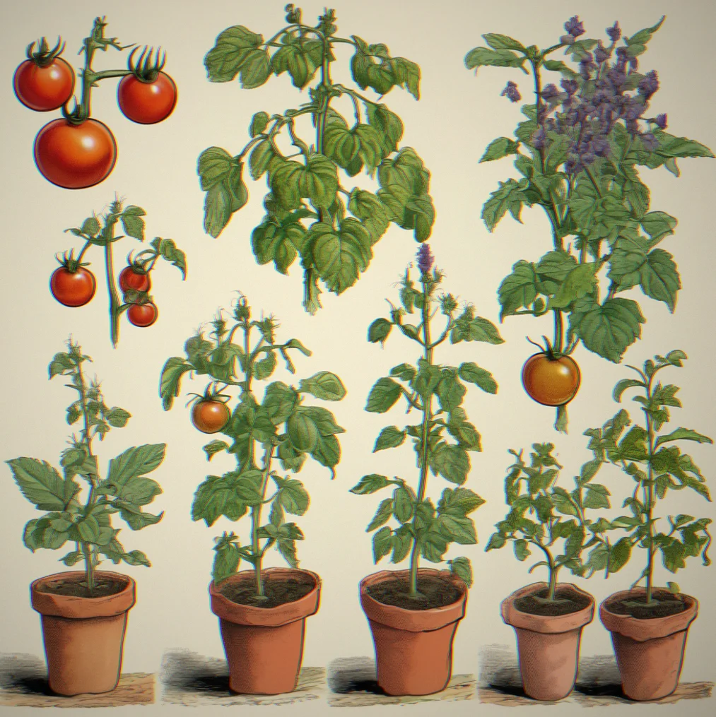A single tomato plant shown in five stages from tiny seedling to mature flowering plant with ripe fruit, arranged left to right